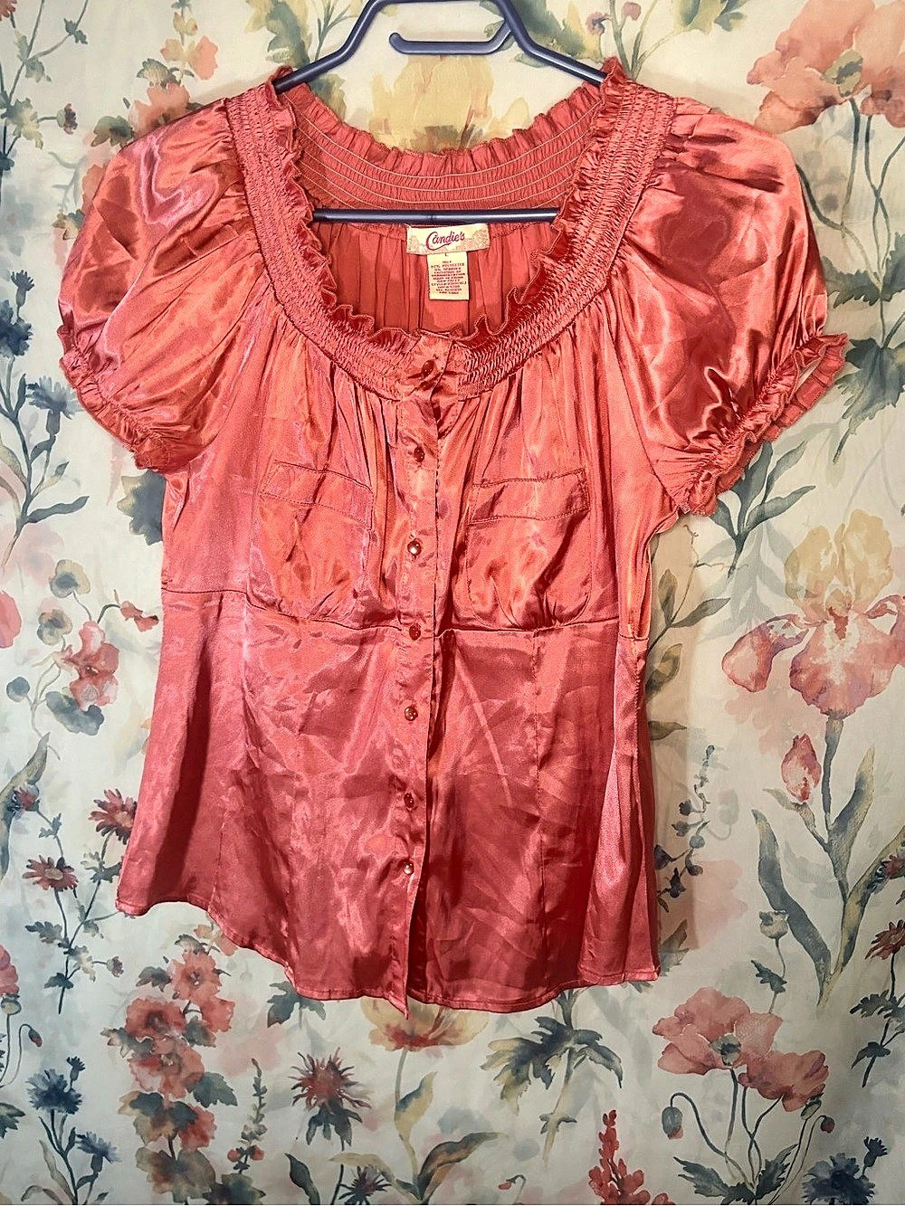 Vintage Candie's Satin-Look Puff Sleeve Blouse in Pink